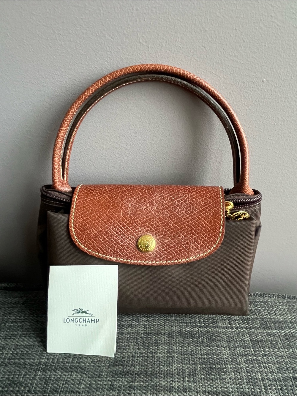 Longchamp Le Pliage Small Brown Nylon Leather Top Handle Foldable Handbag